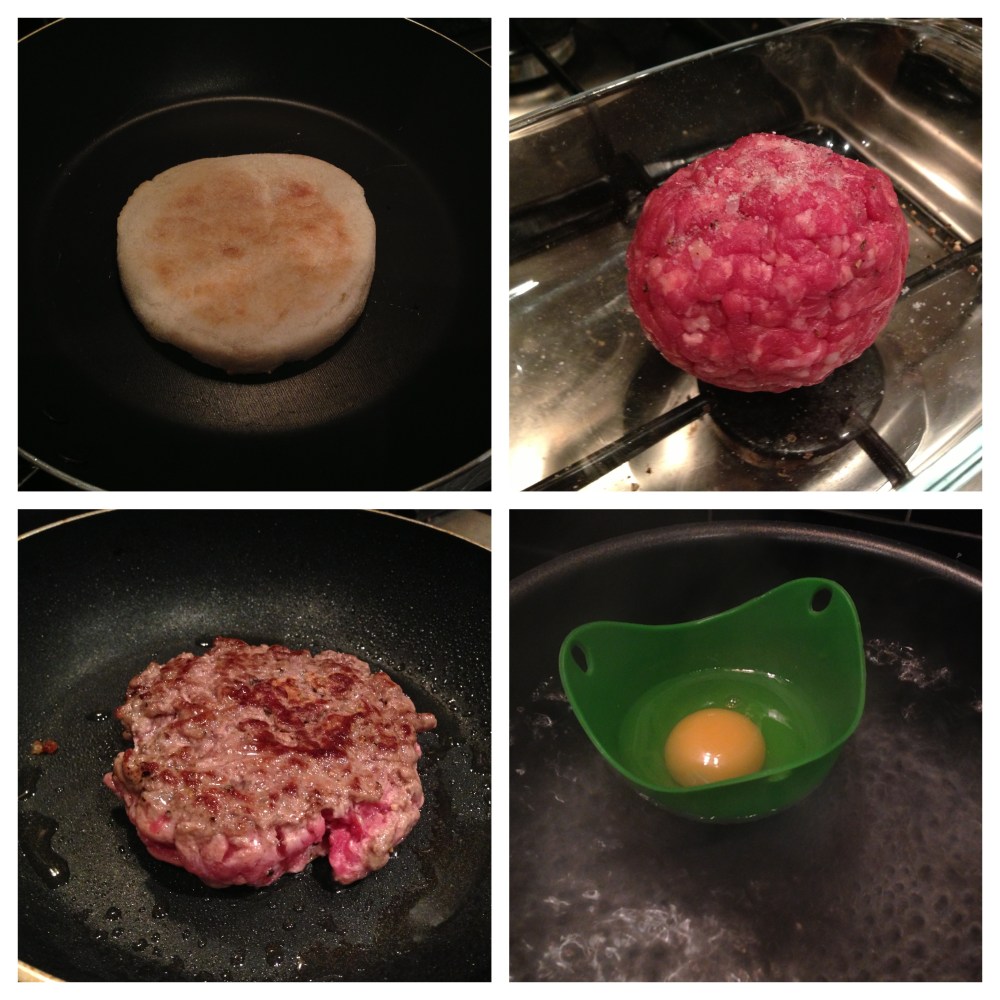 Toasting the muffin, preparing the patty, cooking the patty, poaching the egg