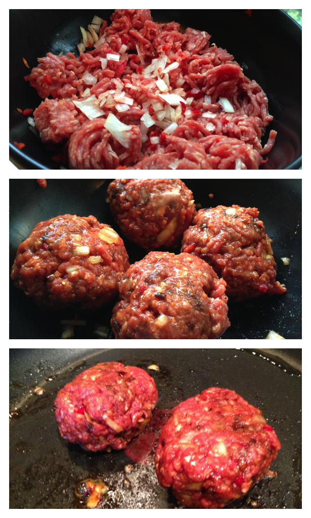 Ingredients (top), forming the patties (middle), cooking (bottom). CLICK TO ENLARGE.