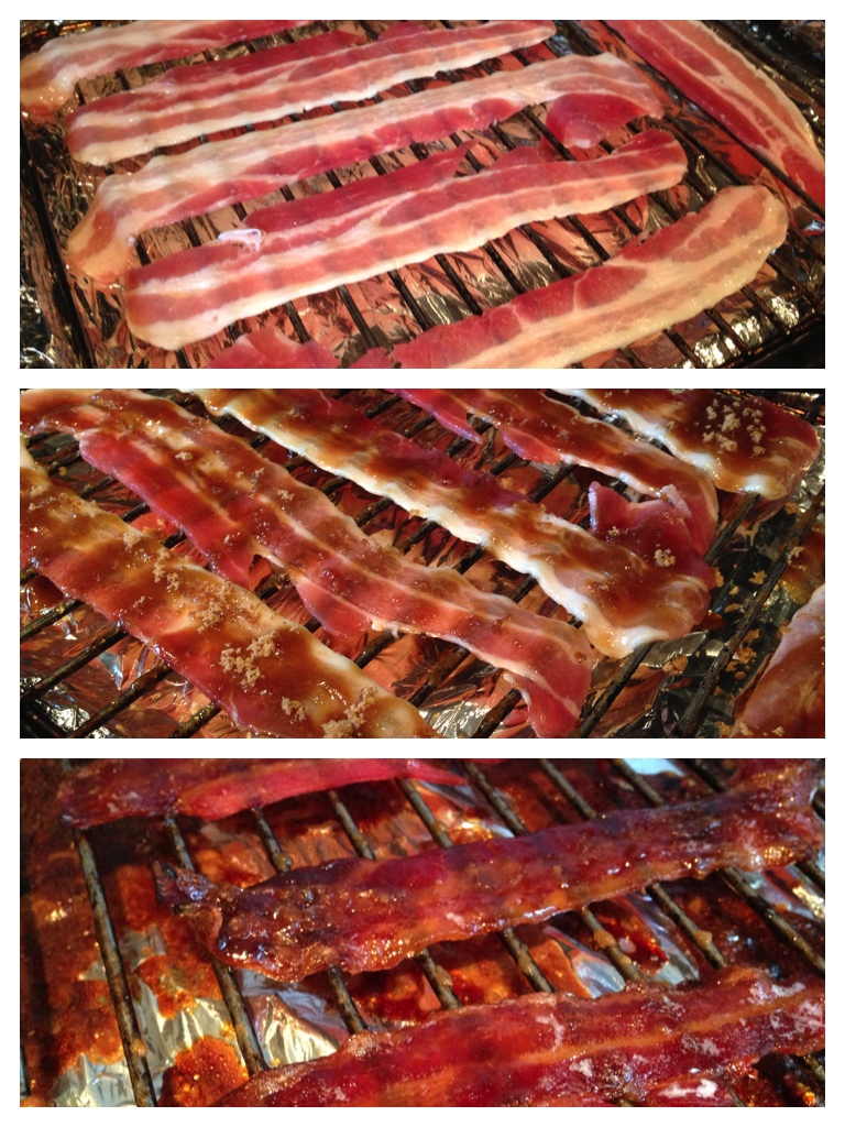 Preparing the bacon (top), coating the bacon (middle), finished and ready to eat (bottom)