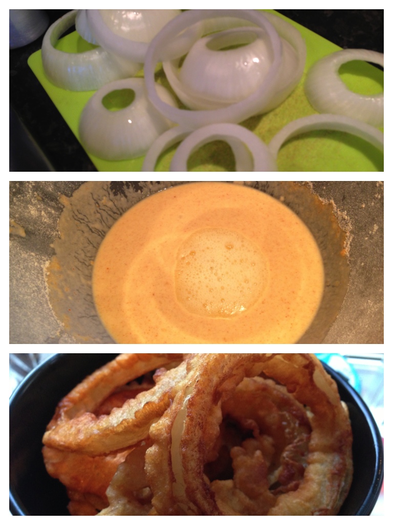 Chopping the onion rings (top), preparing the batter (middle), finished (bottom)